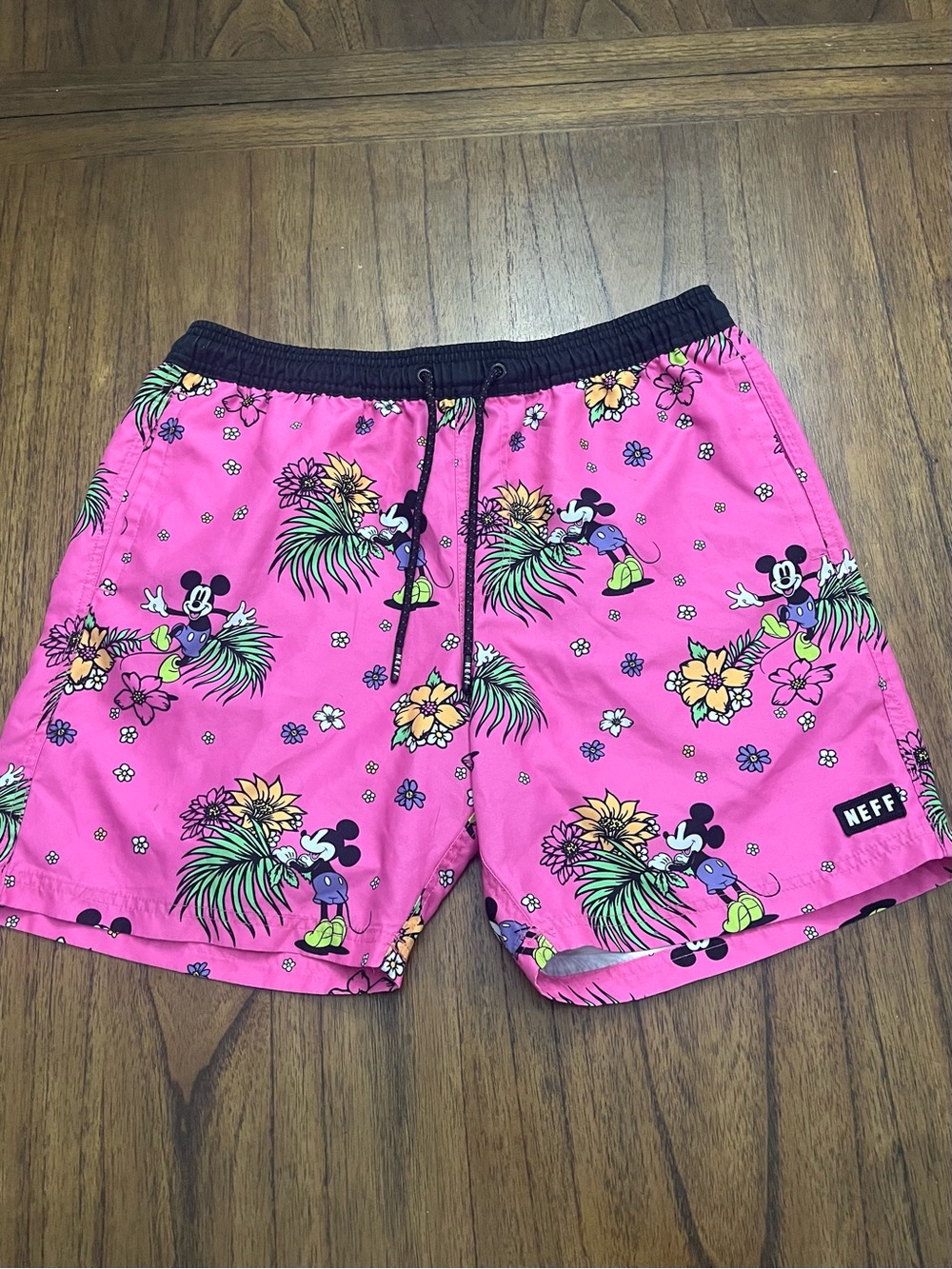 Neff x Disney Men's Large Pink Tropical Mickey Mouse Swim Trunks Board Shorts